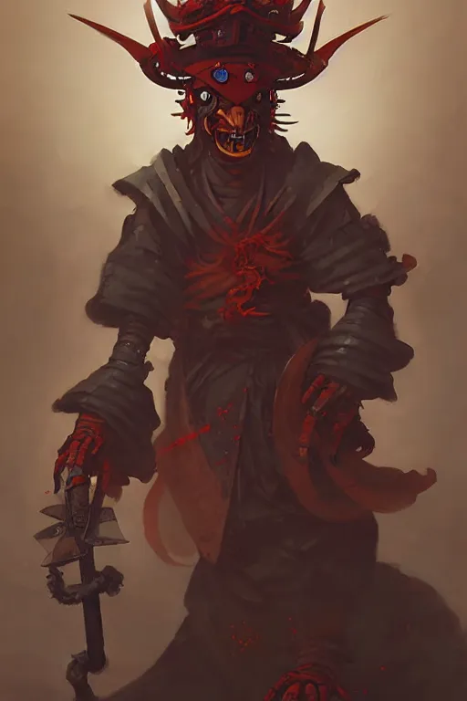 Image similar to samurai yokai cyberpunk kaiju shaman, character concept art by peter mohrbacher and andreas rocha and michael whelan and craig mullins and ross tran and wlop and caravaggio