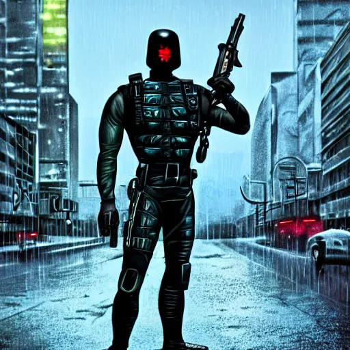 Prompt: Snake Eyes from G.I. Joe standing in a city, rain, 4k, (synthwave), trending on artstation,