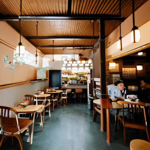 Image similar to a warmly lit photograph of the interior of a japanese style coffee shop named'arizona ', realistic