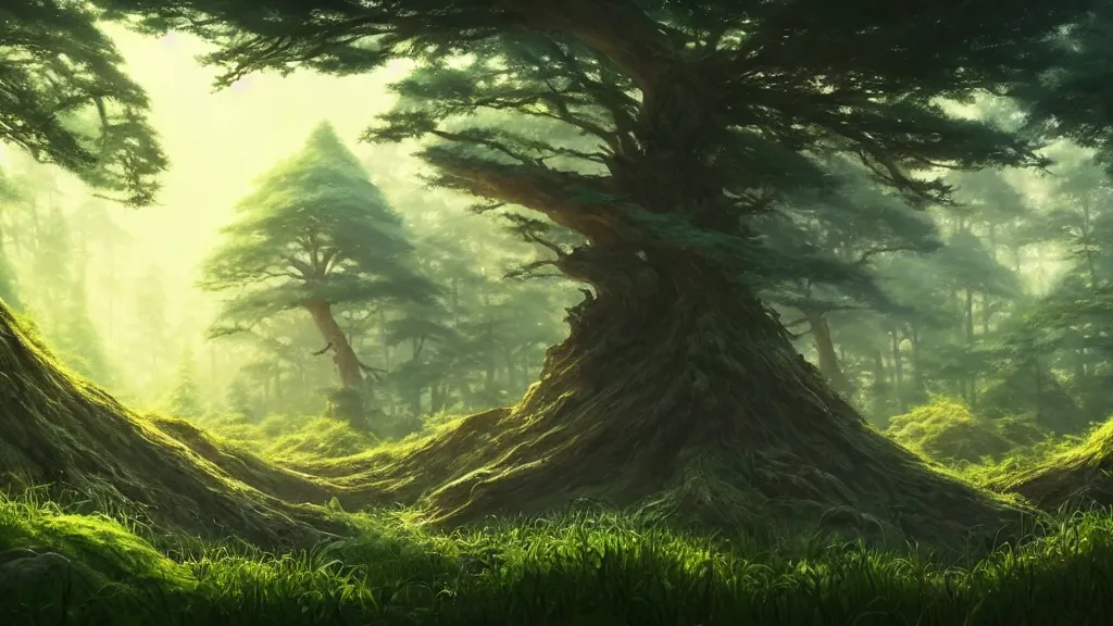 Image similar to forest clearing landscape, studio ghibli, pixar and disney animation, sharp, rendered in unreal engine 5, highly detailed, digital painting, artstation, concept art, smooth, sharp focus, illustration, wide angle, artbook, wallpaper, splash art, promo art, dramatic lighting, art by artgerm and greg rutkowski and bo chen and jin xiaodi