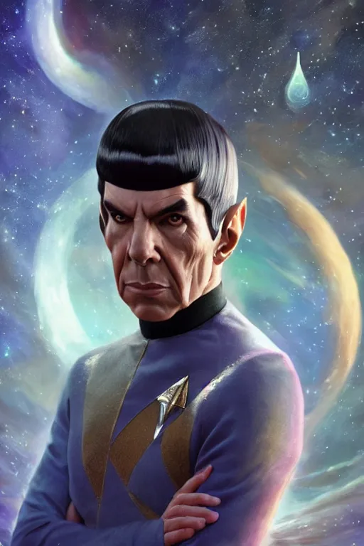 Image similar to portrait photograph of spock as a glorious regal space king, sleek outfit, upper body, fantasy, handsome, depth of field, soft focus, highly detailed, intricate, realistic, national geographic cover, soft glow, textured, artstation, concept art, sharp focus, illustration, art by artgerm and greg rutkowski and alphonse mucha