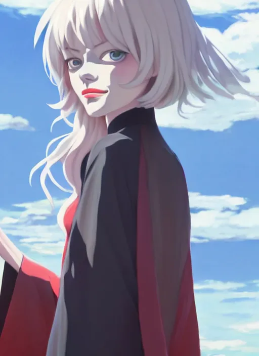 Image similar to portrait of emma stone starring cruella, cloudy sky background lush landscape illustration concept art anime key visual trending pixiv fanbox by wlop and greg rutkowski and makoto shinkai and studio ghibli