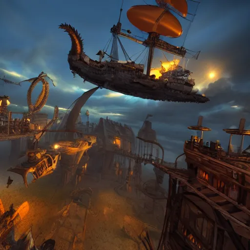 Prompt: Steampunk skyship battle between cat pirates and dinosaur wizards at dusk, unreal engine, volumetric lighting