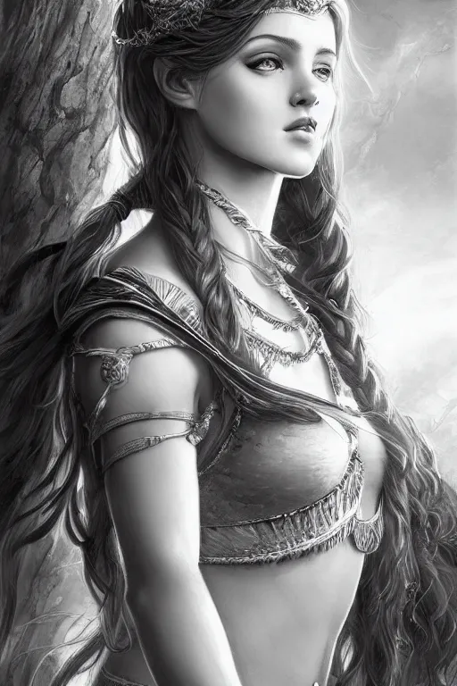 Prompt: beautiful young aphrodite goddess, archer, realistic face, beautiful eyes, black and white drawing, in the style of greg rutkowski, fantasy, amazing detail, hyperrealistic, hyperdetailed, high resolution, epic, intricate, elegant, style of laura sava, smooth, sharp focus