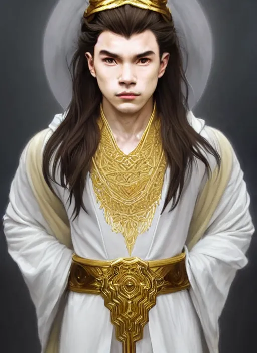 Image similar to symmetry!! d & d portrait of a young hin male cleric, white robe with gold accents, light brown hair pony tail, wry smirk, brown, gold and white cloak, necklace, elegant, highly detailed, digital painting, artstation, concept art, smooth, sharp focus, illustration, art by artgerm and greg rutkowski and alphonse mucha