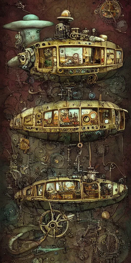 Image similar to a detailed digital painting of an organic steampunk living submarine by alexander jansson and where's waldo and leonardo da vinci