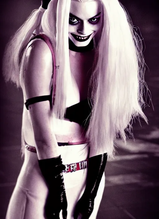 Image similar to 5 0 mm photo of beautiful suicide squad happy margot robbie with long white hair that looks like harley quinn standing on the wet street of dystopian gotham city at night, angry frown, seductive camisole, glamour fashion pose, watercolor, frank miller, moebius, jim lee, cinematic, ridley scott, lens flare, dramatic lighting, annie leibowitz