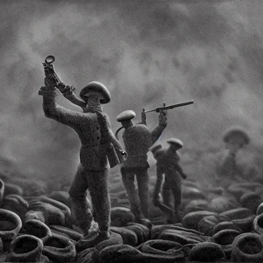 Image similar to the world war i, surrealistic detailed claymation art, dark, moody, foggy