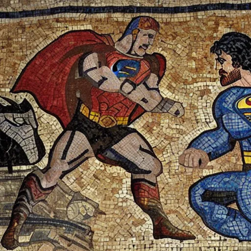 Image similar to beautiful roman mosaic of batman vs superman, rome, 1 0 0 ad