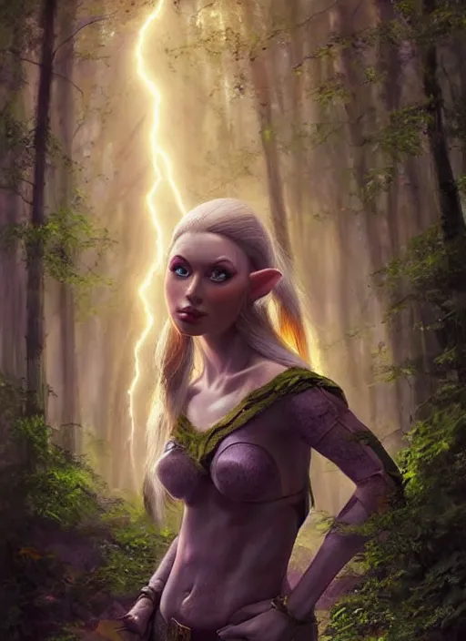 Image similar to A hyperrealistic fantasy portrait painting of a beautiful female elf in a lush dark atmospheric lightning forest, DAZ, hyperrealistic, ambient light, dynamic light