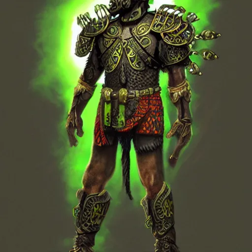 Image similar to maya warrior in a ornated armor preparing for war, full body, dynamic pose, green and gray neon, concept art, intricate details, highly professionally detailed, cgsociety, highly detailed -