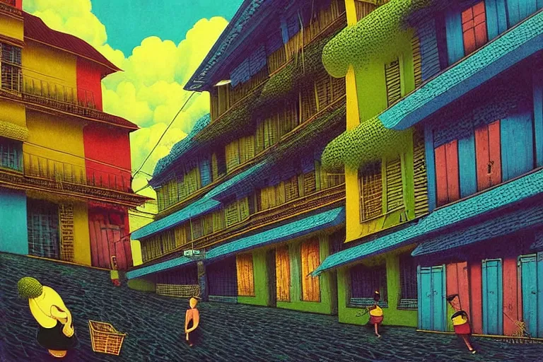 Prompt: surreal glimpse into other universe, penang shophouses, summer morning, very coherent and colorful high contrast, art by!!!! gediminas pranckevicius!!!!, geof darrow, floralpunk screen printing woodblock, dark shadows, hard lighting, stipple brush technique,