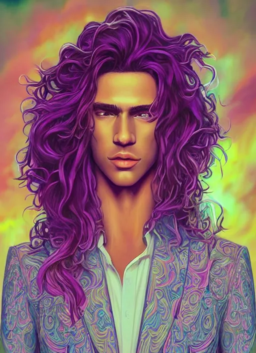 Prompt: magical, beautiful young man, wavy flowing hair, extremely detailed gorgeous face, sad eyes, tears, slim athletic body and attractive face, vaporwave aesthetic, synthwave, luxurious white suit, colorful, psychedelic, intricate, elegant, highly detailed, digital painting, artstation, concept art, smooth, sharp focus, illustration, art by artgerm and greg rutkowski and alphonse mucha