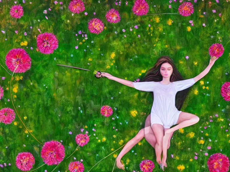 Prompt: hyperrealism painting drone view of on a lawn full of flowers among forest with a detailed girl laying on the grass with hairs weaved into the grass and grass forms a circled braid around her body. visualisation girl soul is floating in air connected to the soul of nature around her.