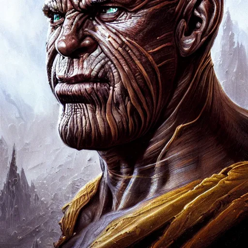 Image similar to closeup portrait shot of olivier richters as destruction of the endless, the sandman, herculean thanos, conan the barbarian, highly detailed, digital painting, artstation, concept art, soft focus, depth of field, artgerm, tomasz alen kopera, peter mohrbacher, donato giancola, wlop, boris vallejo