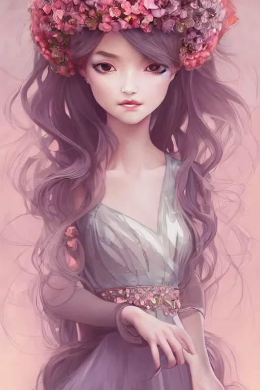 Image similar to romantic and fashion and love princess of the flower with sheath dress, 8 k realistic, teenager girl, baroque, symmetrical, flowing hair, smile, trending pinterest and pixiv, muted colors, hyperrealistic, l close up shot, character concept art, face by kyoung hwan kim, alexandra fomina, ilya kuvshinov