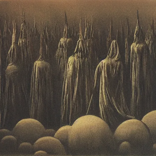 Image similar to sabbath of the witches in the style of Goya, Remedios Varo and Zdzisław Beksinski, surrealist painting