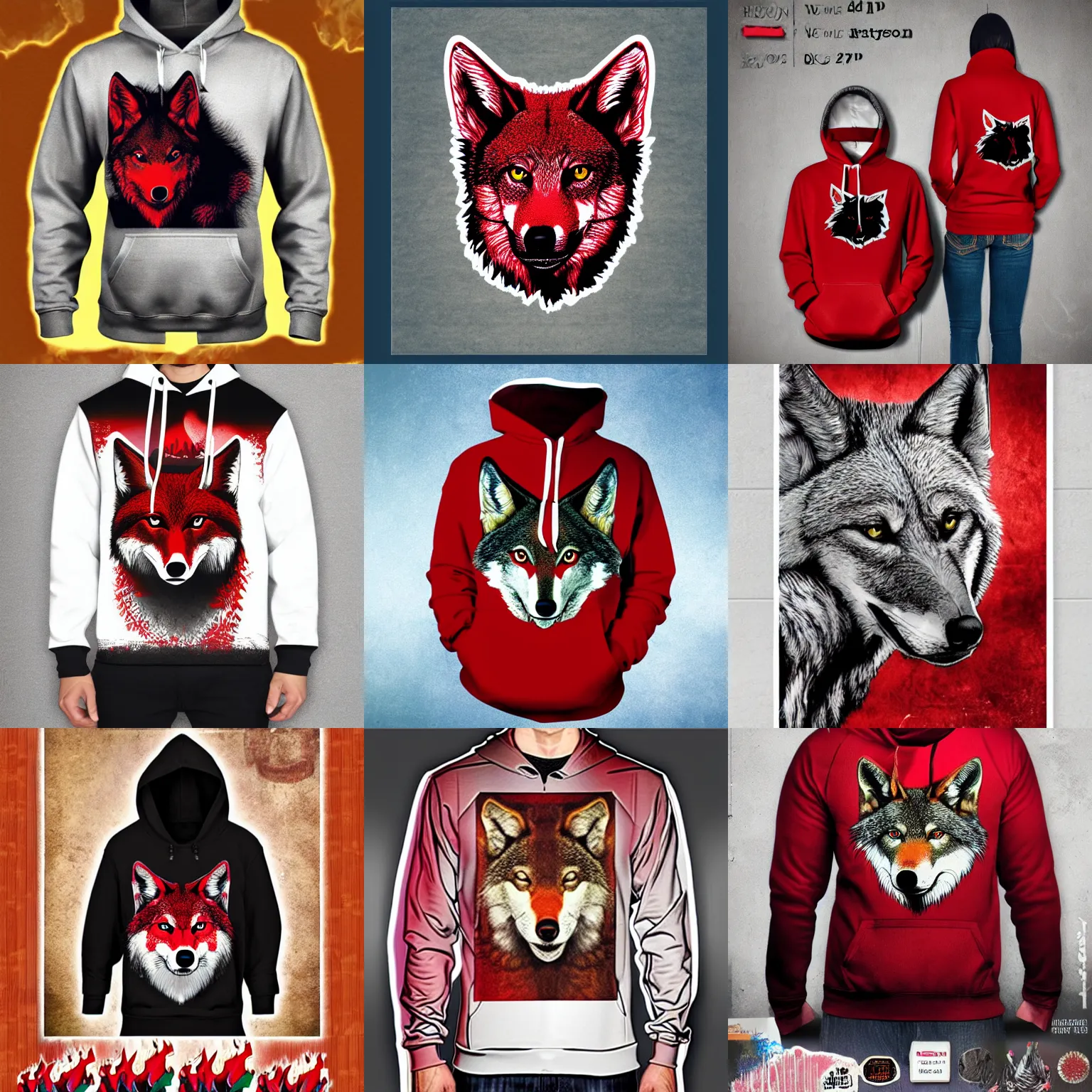 Prompt: red wolf hoody poster