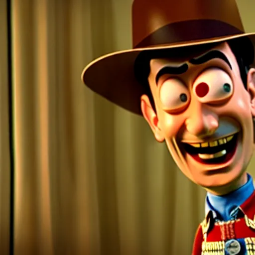 Image similar to mr. bean as woody from the toystory movie. movie still. cinematic lighting.