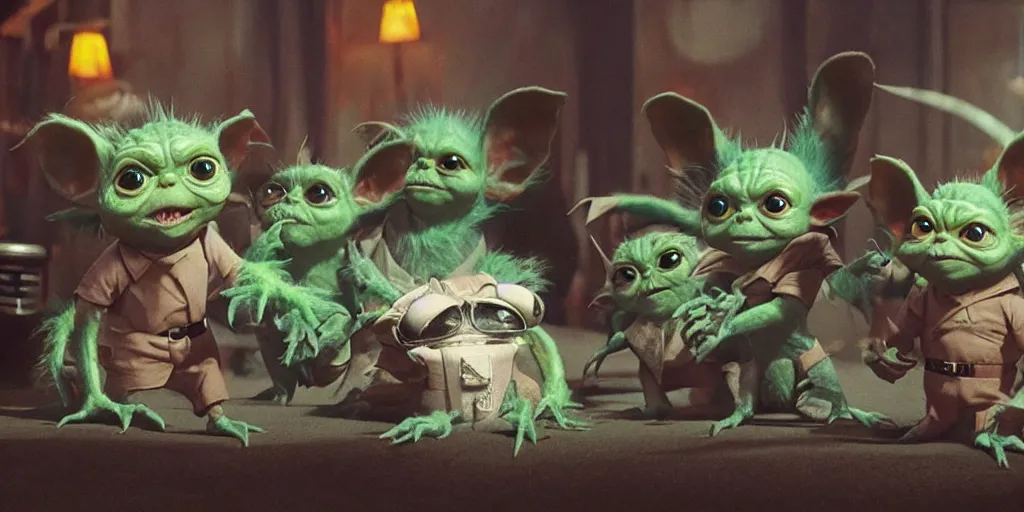 Image similar to Gremlins movie, the gremlins are high and hanging out with baby yoda at the club, Greg Rutkowski, Darek Zabrocki, Karlkka, Jayison Devadas, Phuoc Quan, trending on Artstation, 8K, ultra wide angle, pincushion lens effect.