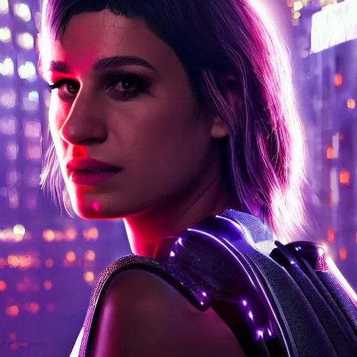 Prompt: lea michele portrait, cyberpunk 2 0 7 7, cyberpunk judy alvarez, photorealistic, ultra detailed, neon, octane, bokeh, cinematic lighting, cyber, cyberpunk city, studio quality, feature, scars, cyberface, 8 k