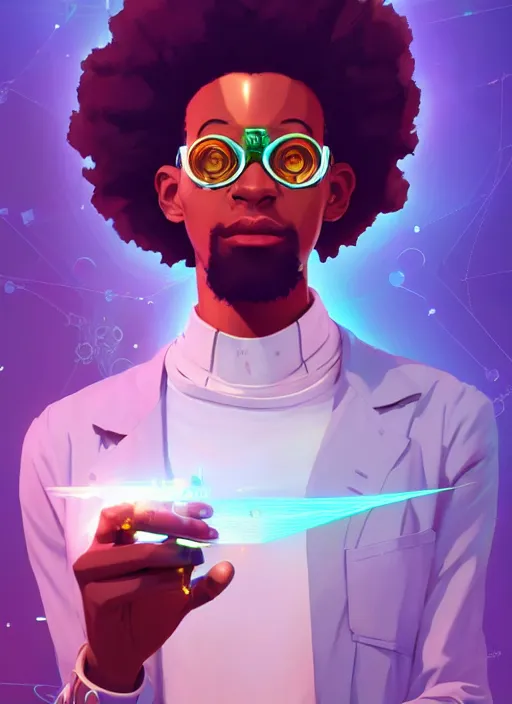 Image similar to afro - futurist scientist ( male, masculine ) in a lab studying holographic schematics + medium length shot | hyperrealistic digital painting by makoto shinkai, ilya kuvshinov, lois van baarle, rossdraws | afrofuturism in the style of hearthstone and overwatch, trending on artstation | purple palette and complimentary colors