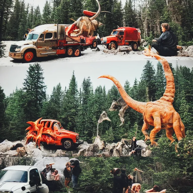 Prompt: photo, hyper detailed, neanderthal people, first contact with aliens!, eating sushi, surrounded by dinosaurs!, gigantic forest trees, sitting on rocks, bright moon, ice! cream! truck!