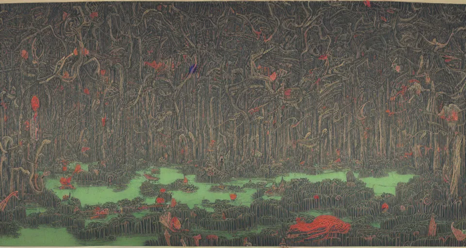 Image similar to A dense and dark enchanted forest with a swamp, by Zeng Fanzhi