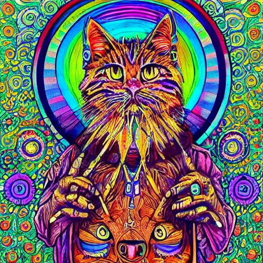 Prompt: portrait of a wizard by louis wain, psychadelic art, bright colours, geometric, intricate, highly detailed, fantasy art, trending on artstation