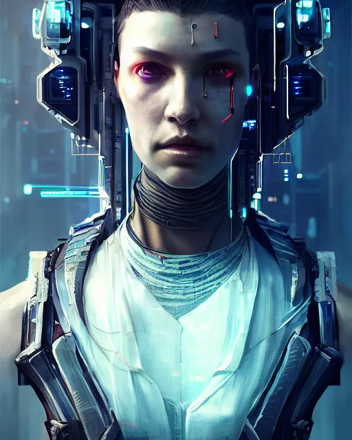 Image similar to portrait of a cyberpunk cyborg. sci - fi, intricate abstract upper body intricate, wlop, concept art, octane render, deviantart, greg rutkowski, cinematic, key art, hyperrealism,