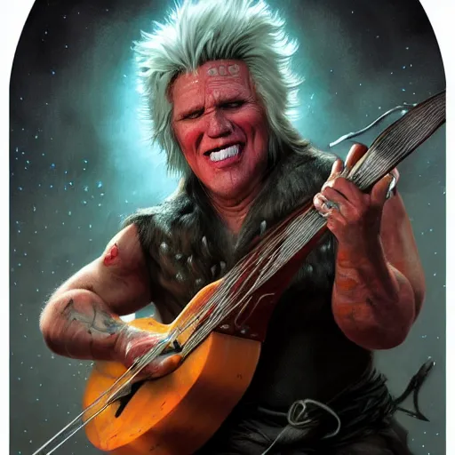 Prompt: detailed photo of a Half-orc bard portrayed by Gary Busey playing a lute to cast a spell, 8k,by Tristan Eaton, Stanley Artgermm, Tom Bagshaw, Greg Rutkowski, Carne Griffiths, trending on DeviantArt, face enhance, hyper detailed ,full of color, dramatic lightning, epic stance