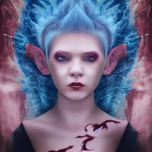 Image similar to The dragon girl portrait, portrait of young girl half dragon half human, dragon girl, dragon skin, dragon eyes, dragon crown, blue hair, long hair, highly detailed, cinematic lighting, Matte painting by David Lynch