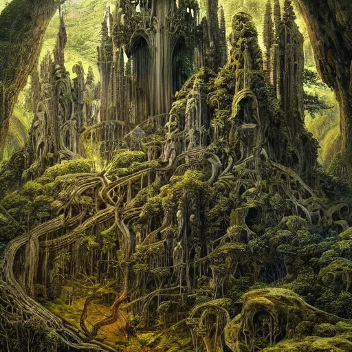 Prompt: a beautiful and highly detailed oil painting of am elven temple deep in the mountains, beautifully detailed ancient trees, lush plant growth, intricate details, epic scale, insanely complex, 8 k, sharp focus, hyper realism, fantasy landscape, psychedelic, by caspar friedrich,