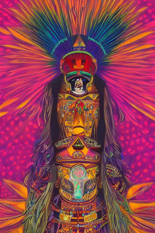 Prompt: A psychedelic painting of a Hopi kachina doll, symmetrical features, cinematic lighting, soft bokeh, fantasy, modern, colourful, highly detailed, digital painting, artstation, deviantart, concept art, sharp focus, illustration, by alphonse mucha