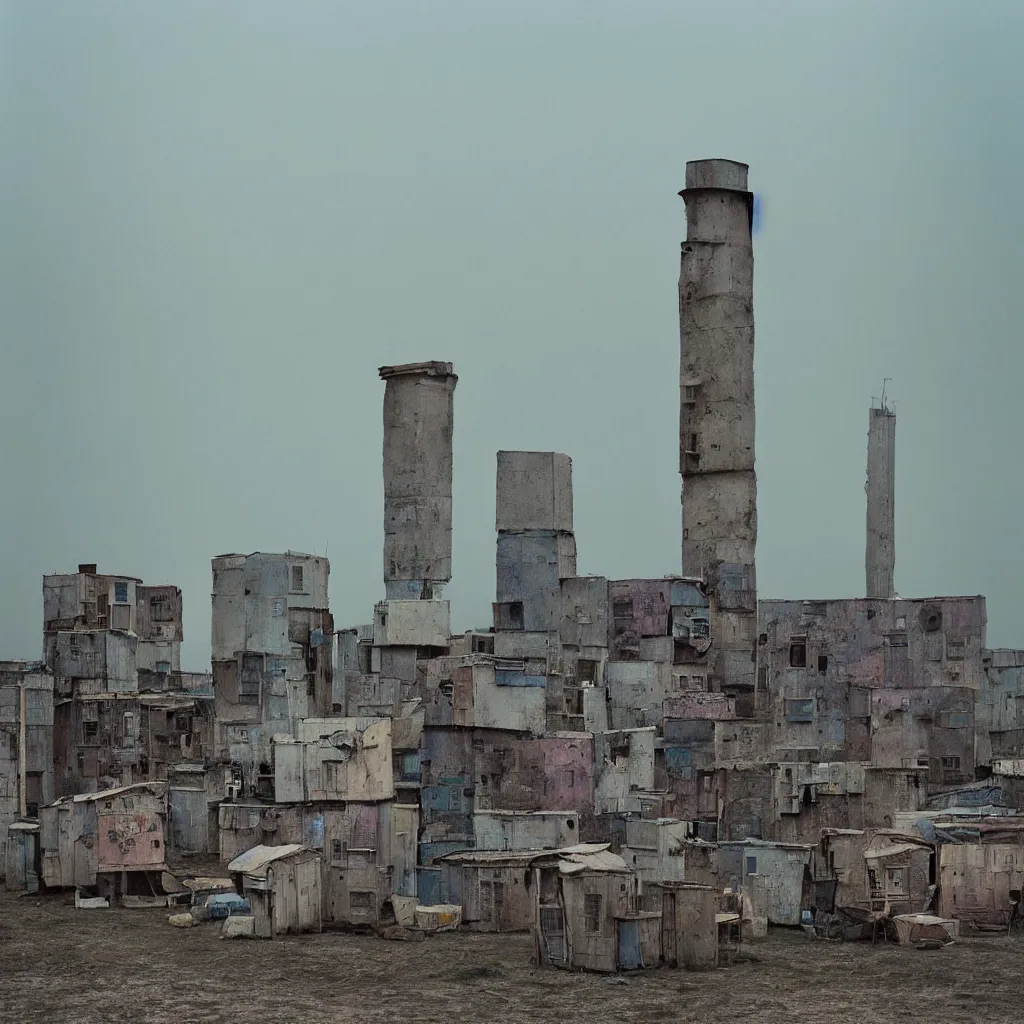 Image similar to towers made up of makeshift squatter shacks with pastel colours, plain uniform sky at the back, misty, mamiya rb 6 7, ultra sharp, very detailed, photographed by alejandro jodorowsky