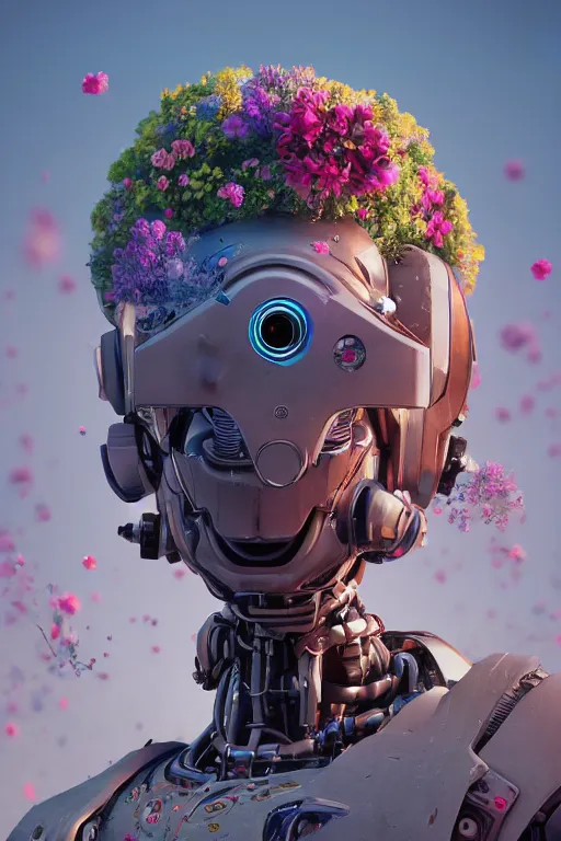 Prompt: a painting of a robot with flowers in his face, a raytraced image by Mike Winkelmann, cgsociety, afrofuturism, made of flowers, cryengine, prerendered graphics