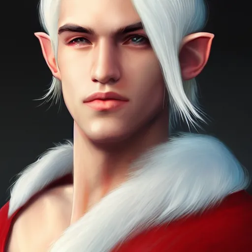 Image similar to a highly detailed portrait of a male elf with white hair, in red clothes, artstation, deviantart, professional, photorealistic