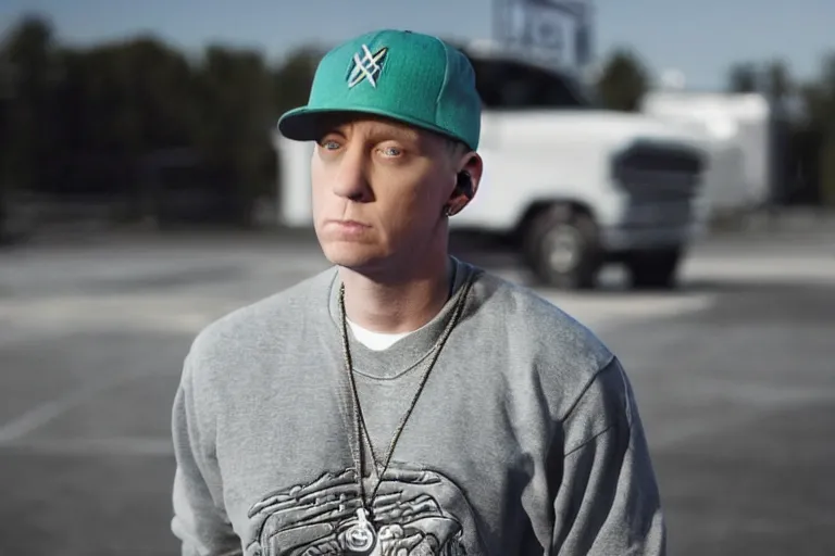 Prompt: eminem in an empty parking lot, close up shot