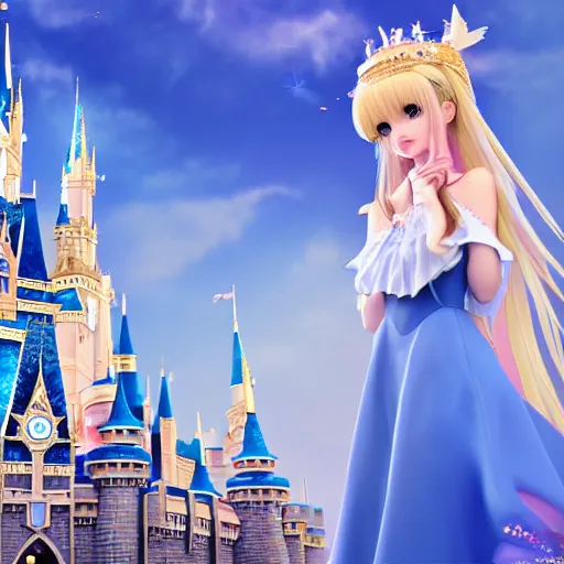 Image similar to a very detailed, ultra-realistic, pleasant, beautiful, funny, smooth 3D CG render, semirealistic anime style, close-up of a gorgeous, cute, gentle, noble priestess magician princess girl wearing dress and jewelry, in a glorious magic kingdom with castle and walls, relaxing calm vibes, fairytale, octane render