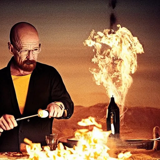 Image similar to walter white making pizza!!! margherita! with a blowtorch!! in the desert, dramatic lighting, movie poster