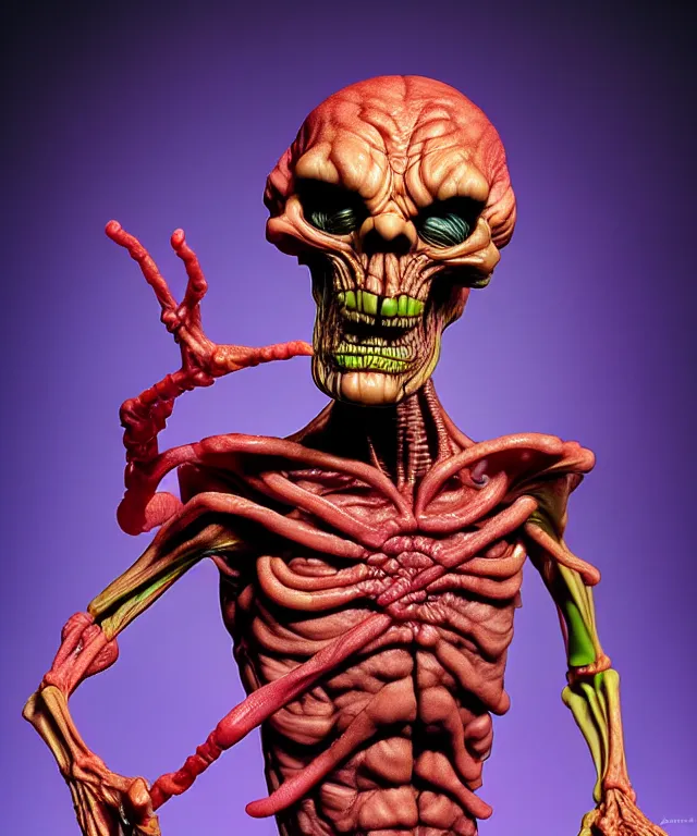 Image similar to hyperrealistic rendering, cronenberg flesh monster skeletor by art of skinner and richard corben and jeff easley, product photography, action figure, sofubi, studio lighting, colored gels