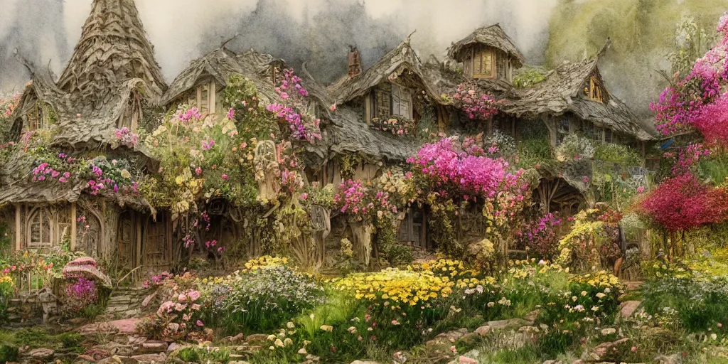 Prompt: a hiper intricate watercolor of a beatifull organic house made from flowers, intricate, highly detailed, digital painting, artstation, concept art, extremely detailed, sharp focus, wide view, smooth, digital illustration, colorfull, by william turner art, by greg rutowski, by carl larson, by edmund dulac