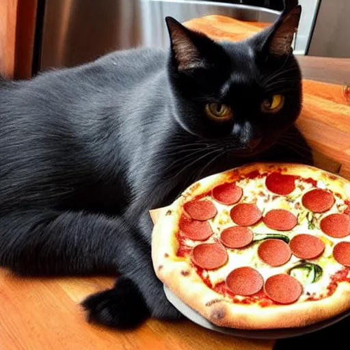 Prompt: “a black cat putting pizza in a pizza oven”
