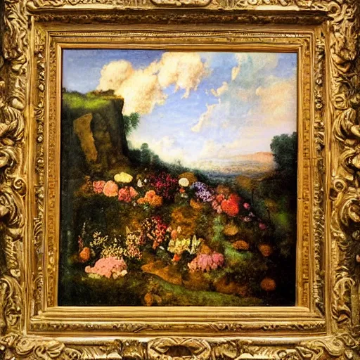 Prompt: by lev lagorio, by titian opulent claymation. this assemblage is a large canvas, covered in a wash of color. in the center is a cluster of flowers, their petals curling & twisting in on themselves. the effect is ethereal & dreamlike, & the overall effect is one of serenity & peace.