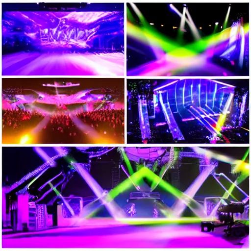 Image similar to a wickedly cool and immersive stage design for a headlining edm artist. music festival, pixel mapping, dmx lights, volumetrics, haze, high energy, night.