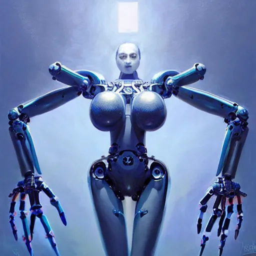 Image similar to hyper realistic mid - length art of a six - armed robot goddess holding geometric shapes, monochromatic body against a blue background. painting by greg rutkowski, scott m fischer, argerm, anne stokes, alexandros pyromallis