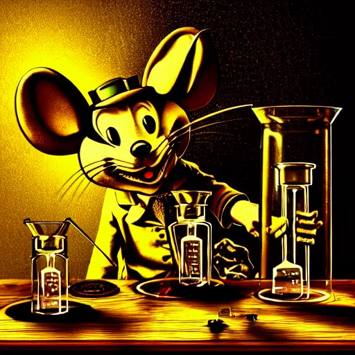 Image similar to anthropomorphic steampunk mouse performing a chemistry experiment with bright radioactive beakers, realistic, chiaroscuro, renaissance art, realistic, intricate textures