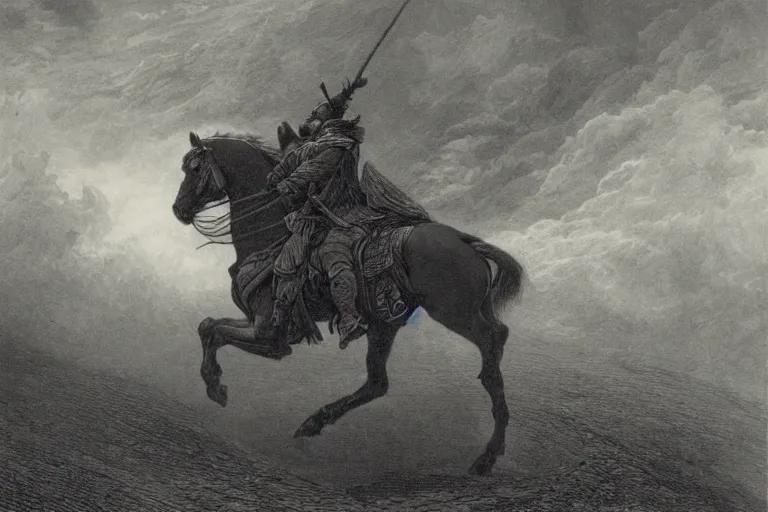 Image similar to A huge rider on a horse rides through epic storm, Gustave Dore lithography