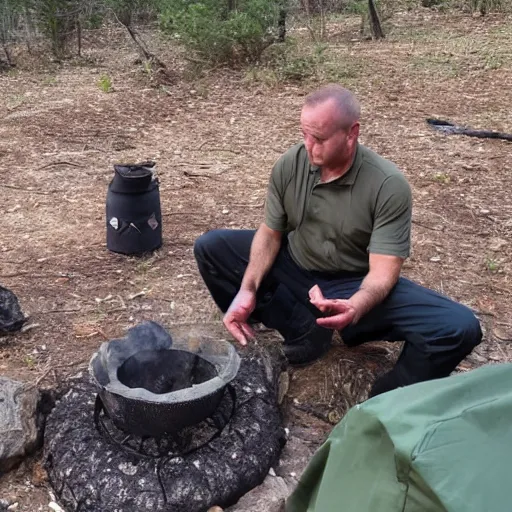 Image similar to veteran special operations officer living off the grid cooking at a campfire