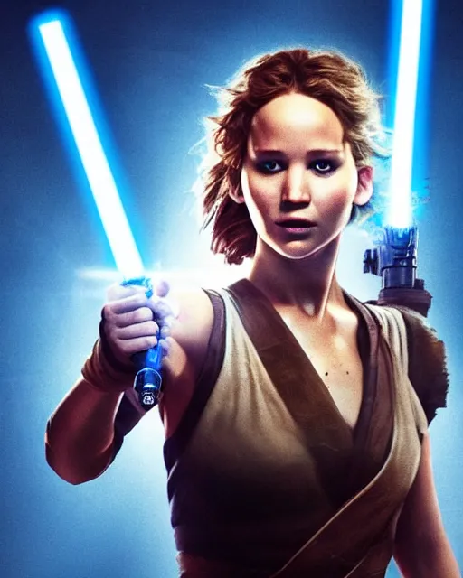 Image similar to jennifer lawrence as a jedi, battle scared with ripped clothes, holding up a blue lightsaber, very dark background, official new star wars episode xi movie poster from lucas arts, perfect symmetrical face, moody lighting, 8 k, shallow depth of field, intricate detail,